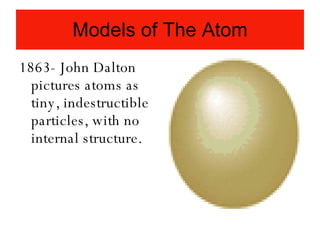 Models of The Atom 1863- John Dalton pictures atoms as tiny, indestructible particles, with no internal structure. 