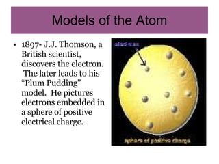 Models of the Atom 1897- J.J. Thomson, a British scientist, discovers the electron.  The later leads to his “Plum Pudding” model.  He pictures electrons embedded in a sphere of positive electrical charge. 