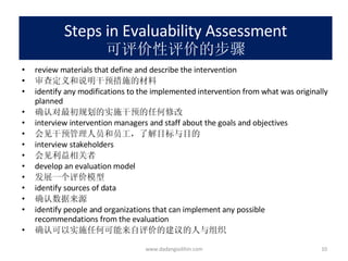 Steps in Evaluability Assessment 可评价性评价的步骤 review materials that define and describe the intervention 审查定义和说明干预措施的材料 identify any modifications to the implemented intervention from what was originally planned 确认对最初规划的实施干预的任何修改 interview intervention managers and staff about the goals and objectives 会见干预管理人员和员工，了解目标与目的 interview stakeholders 会见利益相关者 develop an evaluation model 发展一个评价模型 identify sources of data 确认数据来源 identify people and organizations that can implement any possible recommendations from the evaluation 确认可以实施任何可能来自评价的建议的人与组织 www.dadangsolihin.com 