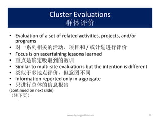 Cluster Evaluations 群体评价 Evaluation of a set of related activities, projects, and/or programs 对一系列相关的活动、项目和 / 或计划进行评价 Focus is on ascertaining lessons learned 重点是确定吸取到的教训 Similar to multi-site evaluations but the intention is different 类似于多地点评价，但意图不同 Information reported only in aggregate 只进行总体的信息报告 (continued on next slide) （转下页） www.dadangsolihin.com 