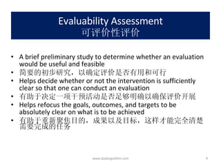 Evaluability Assessment 可评价性评价 A brief preliminary study to determine whether an evaluation would be useful and feasible 简要的初步研究，以确定评价是否有用和可行 Helps decide whether or not the intervention is sufficiently clear so that one can conduct an evaluation  有助于决定一项干预活动是否足够明确以确保评价开展 Helps refocus the goals, outcomes, and targets to be absolutely clear on what is to be achieved 有助于重新聚焦目的，成果以及目标，这样才能完全清楚需要完成的任务 www.dadangsolihin.com 