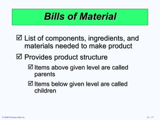 Bills of Material List of components, ingredients, and materials needed to make product  Provides product structure Items above given level are called parents Items below given level are called children 