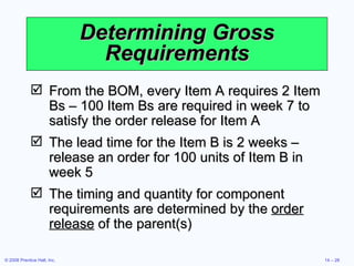 Determining Gross Requirements From the BOM, every Item A requires 2 Item Bs – 100 Item Bs are required in week 7 to satisfy the order release for Item A The lead time for the Item B is 2 weeks – release an order for 100 units of Item B in week 5 The timing and quantity for component requirements are determined by the  order release  of the parent(s) 