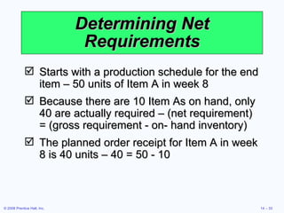 Determining Net Requirements Starts with a production schedule for the end item – 50 units of Item A in week 8 Because there are 10 Item As on hand, only 40 are actually required – (net requirement) = (gross requirement - on- hand inventory) The planned order receipt for Item A in week 8 is 40 units – 40 = 50 - 10 