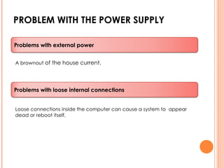 PROBLEM WITH THE POWER SUPPLY A brownout  of the house current. Loose connections inside the computer can cause a system to  appear dead or reboot itself. Problems with external power Problems with loose internal connections 