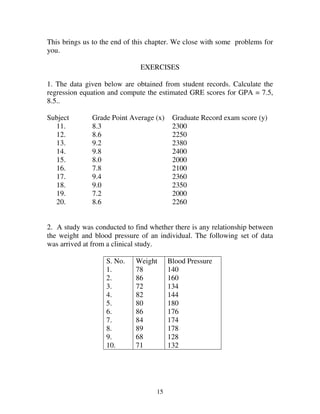 15
This brings us to the end of this chapter. We close with some problems for
you.
EXERCISES
1. The data given below are obtained from student records. Calculate the
regression equation and compute the estimated GRE scores for GPA = 7.5,
8.5..
Subject Grade Point Average (x) Graduate Record exam score (y)
11. 8.3 2300
12. 8.6 2250
13. 9.2 2380
14. 9.8 2400
15. 8.0 2000
16. 7.8 2100
17. 9.4 2360
18. 9.0 2350
19. 7.2 2000
20. 8.6 2260
2. A study was conducted to find whether there is any relationship between
the weight and blood pressure of an individual. The following set of data
was arrived at from a clinical study.
S. No. Weight Blood Pressure
1. 78 140
2. 86 160
3. 72 134
4. 82 144
5. 80 180
6. 86 176
7. 84 174
8. 89 178
9. 68 128
10. 71 132
 