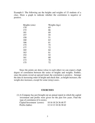 5
Example:1: The following are the heights and weights of 15 students of a
class. Draw a graph to indicate whether the correlation is negative or
positive.
Heights (cms) Weights (kgs)
170 65
172 66
181 69
157 55
150 51
168 63
166 61
175 75
177 72
165 64
163 61
152 52
161 60
173 70
175 72
Since the points are dense (close to each other) we can expect a high
degree of correlation between the series of heights and weights. Further,
since the points reveal an upward trend, the correlation is positive. Arrange
the data in increasing order of height and check that , as height increases, the
weight also increases, except for some (stray) cases..
EXERCISES
(1) A Company has just brought out an annual report in which the capital
investment and profits were given for the past few years. Find the
type of correlation (if it exists).
Capital Investment (crores) 10 16 18 24 36 48 57
Profits (lakhs) 12 14 13 18 26 38 62
 
