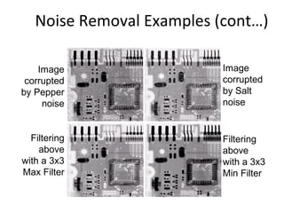 Noise Removal Examples (cont…)
Image
corrupted
by Pepper
noise
Image
corrupted
by Salt
noise
Filtering
above
with a 3x3
Min Filter
Filtering
above
with a 3x3
Max Filter
 