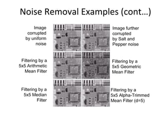 Noise Removal Examples (cont…)
Image
corrupted
by uniform
noise
Image further
corrupted
by Salt and
Pepper noise
Filtering by a
5x5 Arithmetic
Mean Filter
Filtering by a
5x5 Median
Filter
Filtering by a
5x5 Geometric
Mean Filter
Filtering by a
5x5 Alpha-Trimmed
Mean Filter (d=5)
 