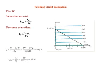 Switching Circuit Calculations
C
CC
Csat
R
V
I 
dc
Csat
B
I
I


Vi = 5V
Saturation current:
To ensure saturation:
 