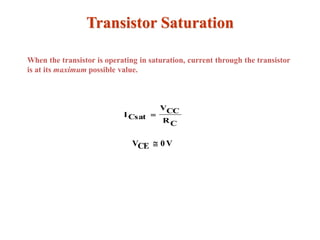 Transistor Saturation
When the transistor is operating in saturation, current through the transistor
is at its maximum possible value.
CR
CCV
CsatI 
V0CEV 
 