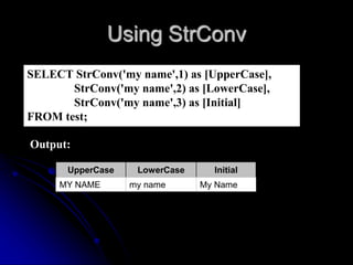 Using StrConv
SELECT StrConv('my name',1) as [UpperCase],
StrConv('my name',2) as [LowerCase],
StrConv('my name',3) as [In...