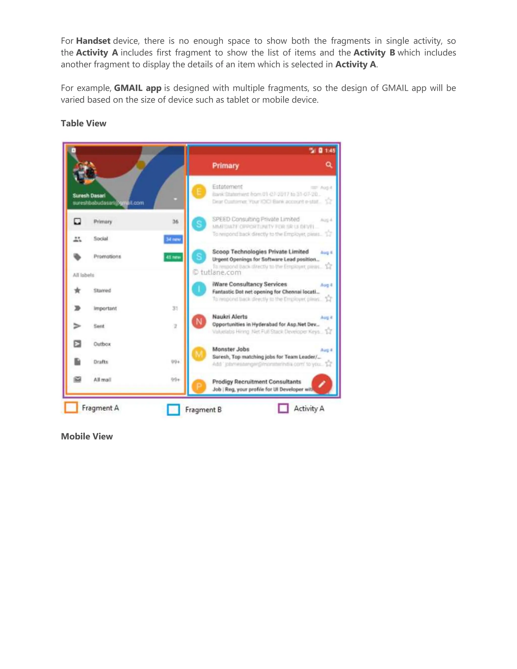 For Handset device, there is no enough space to show both the fragments in single activity, so the Activity A includes first fragment to show the list of items and the Activity B which includes another fragment to display the details of an item which is selected in Activity A. For example, GMAIL app is designed with multiple fragments, so the design of GMAIL app will be varied based on the size of device such as tablet or mobile device. Table View Mobile View 