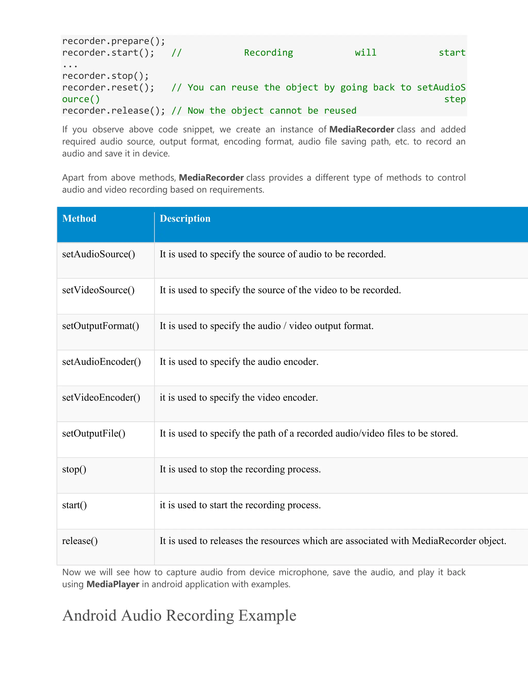recorder.prepare(); recorder.start(); // Recording will start ... recorder.stop(); recorder.reset(); // You can reuse the object by going back to setAudioS ource() step recorder.release(); // Now the object cannot be reused If you observe above code snippet, we create an instance of MediaRecorder class and added required audio source, output format, encoding format, audio file saving path, etc. to record an audio and save it in device. Apart from above methods, MediaRecorder class provides a different type of methods to control audio and video recording based on requirements. Method Description setAudioSource() It is used to specify the source of audio to be recorded. setVideoSource() It is used to specify the source of the video to be recorded. setOutputFormat() It is used to specify the audio / video output format. setAudioEncoder() It is used to specify the audio encoder. setVideoEncoder() it is used to specify the video encoder. setOutputFile() It is used to specify the path of a recorded audio/video files to be stored. stop() It is used to stop the recording process. start() it is used to start the recording process. release() It is used to releases the resources which are associated with MediaRecorder object. Now we will see how to capture audio from device microphone, save the audio, and play it back using MediaPlayer in android application with examples. Android Audio Recording Example 