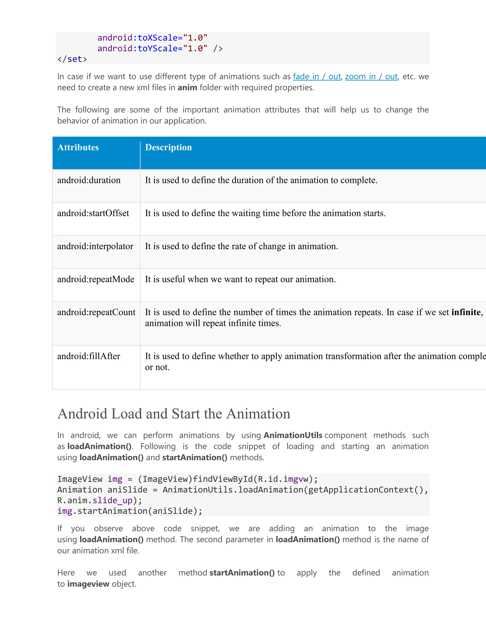 android:toXScale="1.0" android:toYScale="1.0" /> </set> In case if we want to use different type of animations such as fade in / out, zoom in / out, etc. we need to create a new xml files in anim folder with required properties. The following are some of the important animation attributes that will help us to change the behavior of animation in our application. Attributes Description android:duration It is used to define the duration of the animation to complete. android:startOffset It is used to define the waiting time before the animation starts. android:interpolator It is used to define the rate of change in animation. android:repeatMode It is useful when we want to repeat our animation. android:repeatCount It is used to define the number of times the animation repeats. In case if we set infinite, t animation will repeat infinite times. android:fillAfter It is used to define whether to apply animation transformation after the animation comple or not. Android Load and Start the Animation In android, we can perform animations by using AnimationUtils component methods such as loadAnimation(). Following is the code snippet of loading and starting an animation using loadAnimation() and startAnimation() methods. ImageView img = (ImageView)findViewById(R.id.imgvw); Animation aniSlide = AnimationUtils.loadAnimation(getApplicationContext(), R.anim.slide_up); img.startAnimation(aniSlide); If you observe above code snippet, we are adding an animation to the image using loadAnimation() method. The second parameter in loadAnimation() method is the name of our animation xml file. Here we used another method startAnimation() to apply the defined animation to imageview object. 