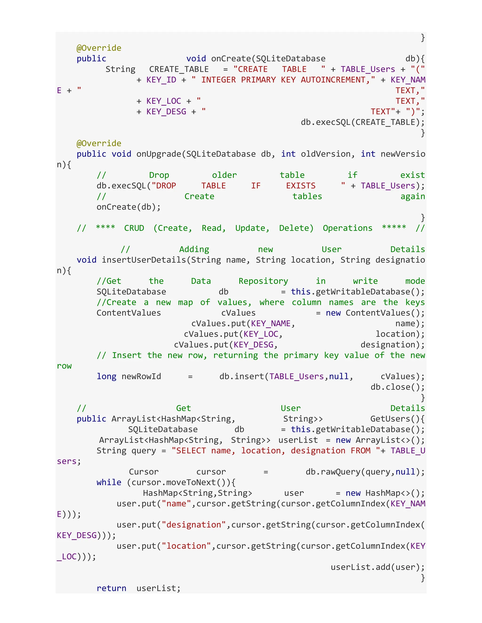} @Override public void onCreate(SQLiteDatabase db){ String CREATE_TABLE = "CREATE TABLE " + TABLE_Users + "(" + KEY_ID + " INTEGER PRIMARY KEY AUTOINCREMENT," + KEY_NAM E + " TEXT," + KEY_LOC + " TEXT," + KEY_DESG + " TEXT"+ ")"; db.execSQL(CREATE_TABLE); } @Override public void onUpgrade(SQLiteDatabase db, int oldVersion, int newVersio n){ // Drop older table if exist db.execSQL("DROP TABLE IF EXISTS " + TABLE_Users); // Create tables again onCreate(db); } // **** CRUD (Create, Read, Update, Delete) Operations ***** // // Adding new User Details void insertUserDetails(String name, String location, String designatio n){ //Get the Data Repository in write mode SQLiteDatabase db = this.getWritableDatabase(); //Create a new map of values, where column names are the keys ContentValues cValues = new ContentValues(); cValues.put(KEY_NAME, name); cValues.put(KEY_LOC, location); cValues.put(KEY_DESG, designation); // Insert the new row, returning the primary key value of the new row long newRowId = db.insert(TABLE_Users,null, cValues); db.close(); } // Get User Details public ArrayList<HashMap<String, String>> GetUsers(){ SQLiteDatabase db = this.getWritableDatabase(); ArrayList<HashMap<String, String>> userList = new ArrayList<>(); String query = "SELECT name, location, designation FROM "+ TABLE_U sers; Cursor cursor = db.rawQuery(query,null); while (cursor.moveToNext()){ HashMap<String,String> user = new HashMap<>(); user.put("name",cursor.getString(cursor.getColumnIndex(KEY_NAM E))); user.put("designation",cursor.getString(cursor.getColumnIndex( KEY_DESG))); user.put("location",cursor.getString(cursor.getColumnIndex(KEY _LOC))); userList.add(user); } return userList; 