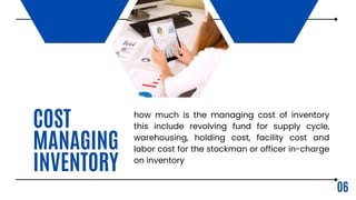 COST
MANAGING
INVENTORY
how much is the managing cost of inventory
this include revolving fund for supply cycle,
warehousing, holding cost, facility cost and
labor cost for the stockman or officer in-charge
on inventory
06
 