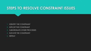 STEPS TO RESOLVE CONSTRAINT ISSUES
1. IDENTIFY THE CONSTRAINT
2. EXPLOIT THE CONSTRAINT
3. SUBORDINATE OTHER PROCESSES
4. ELEVATE THE CONSTRAINT
5. REPEAT
 