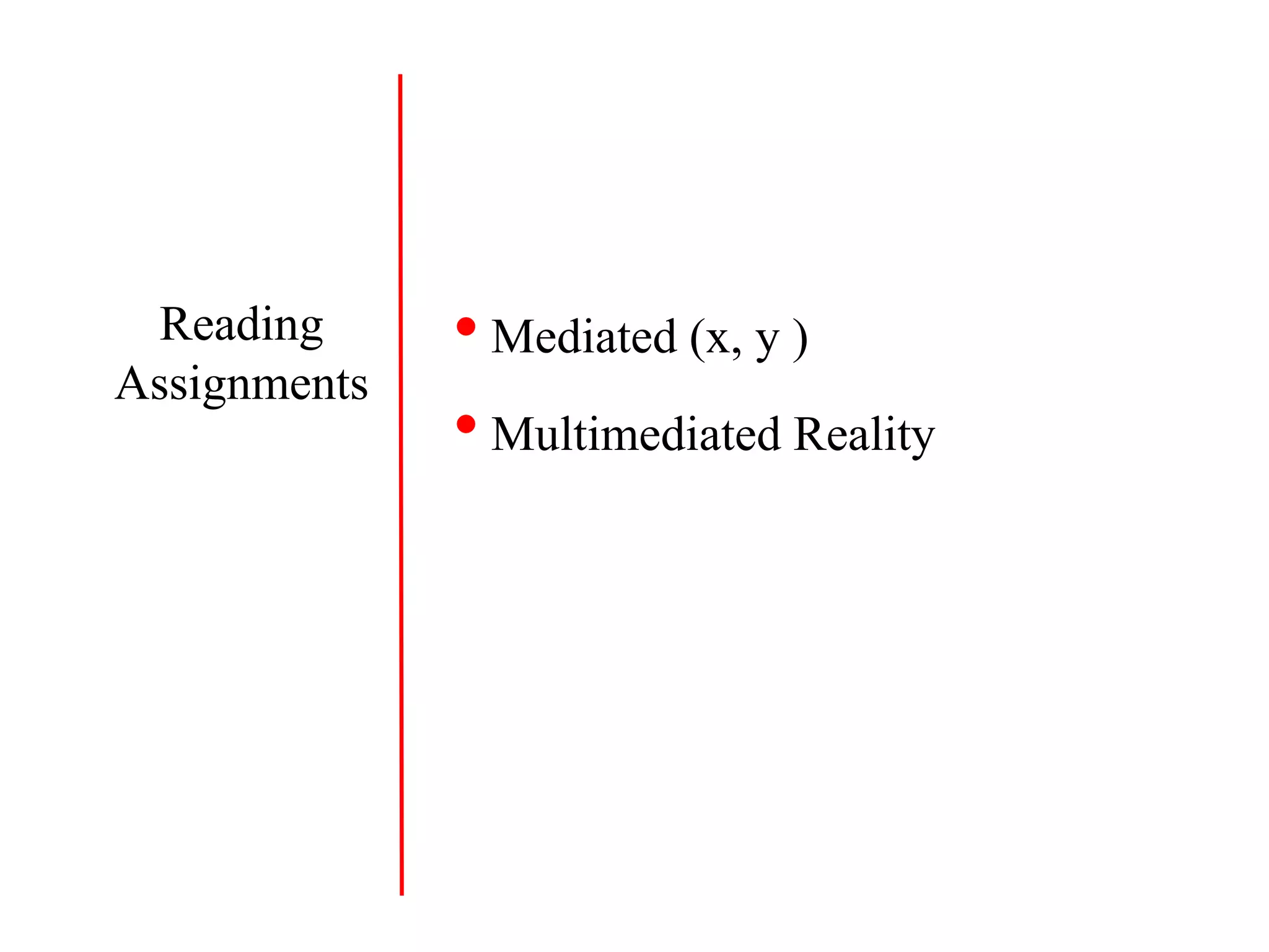 • Mediated (x, y )
• Multimediated Reality
Reading
Assignments
 