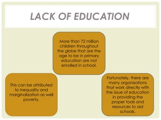 LACK OF EDUCATION
More than 72 million
children throughout
the globe that are the
age to be in primary
education are not
enrolled in school.
Fortunately, there are
many organizations
that work directly with
the issue of education
in providing the
proper tools and
resources to aid
schools.
This can be attributed
to inequality and
marginalization as well
poverty.
 