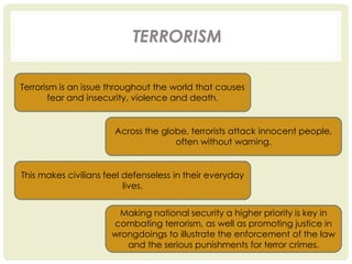 TERRORISM
Terrorism is an issue throughout the world that causes
fear and insecurity, violence and death.
Across the globe, terrorists attack innocent people,
often without warning.
This makes civilians feel defenseless in their everyday
lives.
Making national security a higher priority is key in
combating terrorism, as well as promoting justice in
wrongdoings to illustrate the enforcement of the law
and the serious punishments for terror crimes.
 