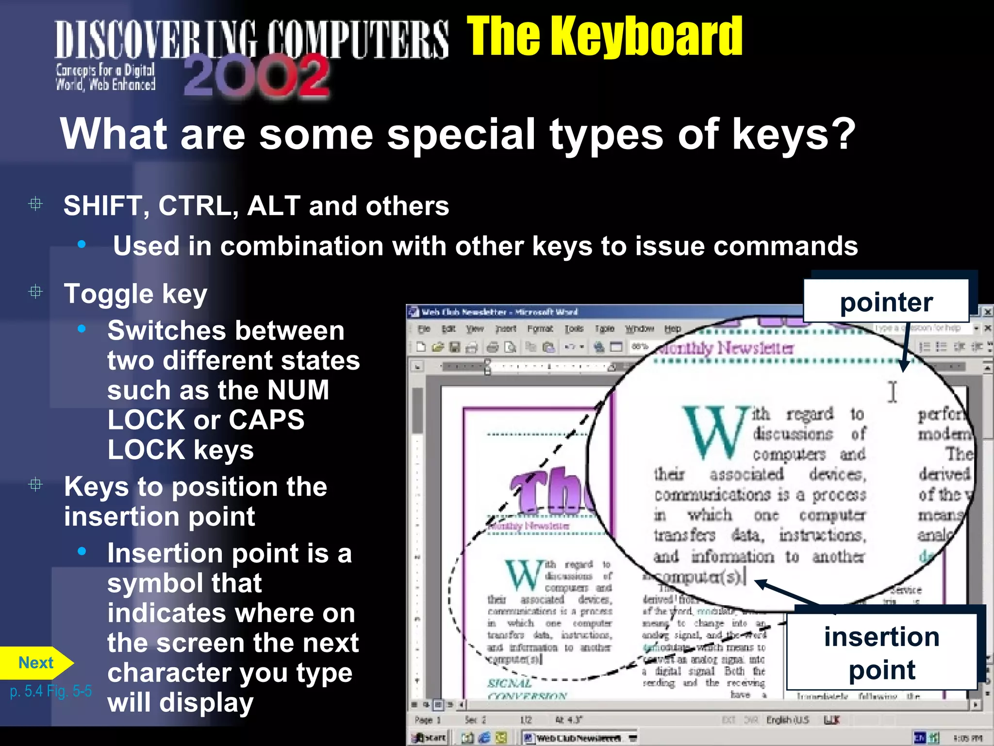 The Keyboard What are some special types of keys? SHIFT, CTRL, ALT and others Used in combination with other keys to issue commands Toggle key Switches between two different states such as the NUM LOCK or CAPS LOCK keys Keys to position the insertion point Insertion point is a symbol that indicates where on the screen the next character you type will display p. 5.4 Fig. 5-5 insertion point pointer Next 