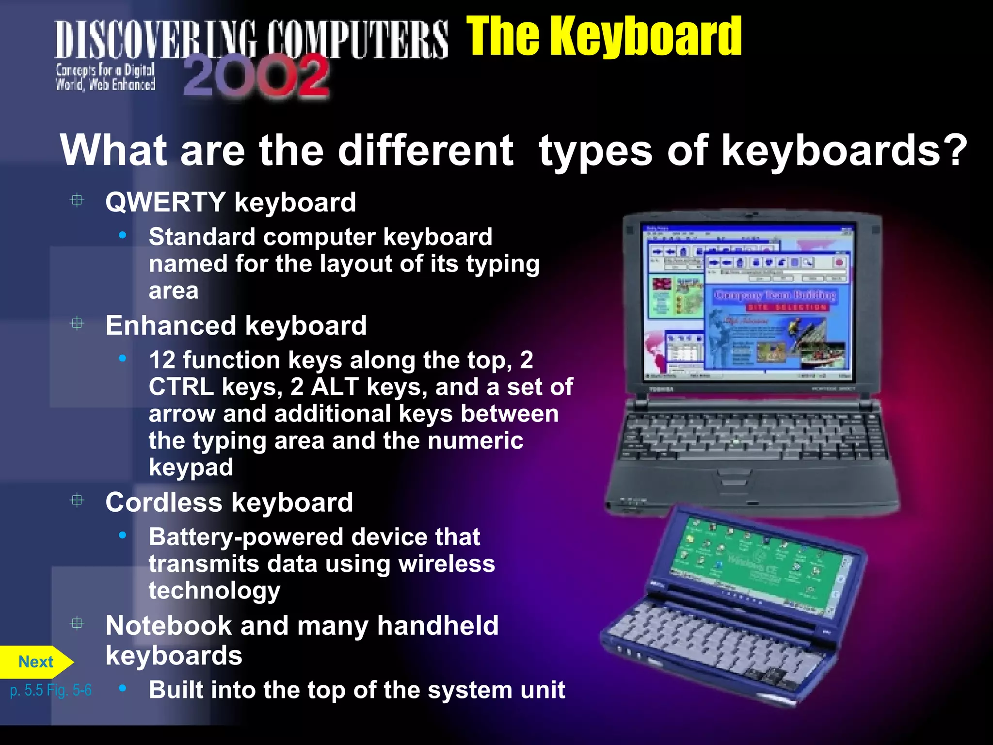 The Keyboard What are the different  types of keyboards? QWERTY keyboard Standard computer keyboard named for the layout of its typing area Enhanced keyboard 12 function keys along the top, 2 CTRL keys, 2 ALT keys, and a set of arrow and additional keys between the typing area and the numeric keypad Cordless keyboard Battery-powered device that transmits data using wireless technology Notebook and many handheld keyboards Built into the top of the system unit p. 5.5 Fig. 5-6 Next 