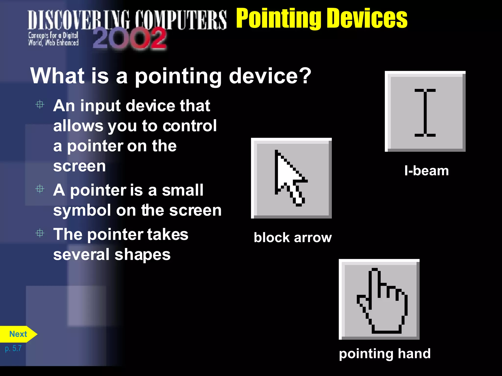 Pointing Devices What is a pointing device? An input device that allows you to control a pointer on the screen A pointer is a small symbol on the screen The pointer takes several shapes p. 5.7 I-beam pointing hand block arrow Next 