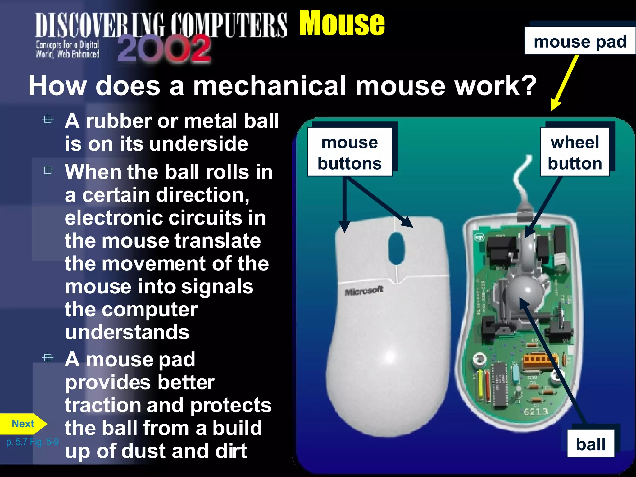 A rubber or metal ball is on its underside When the ball rolls in a certain direction, electronic circuits in the mouse translate the movement of the mouse into signals the computer understands Mouse How does a mechanical mouse work? A mouse pad provides better traction and protects the ball from a build up of dust and dirt p. 5.7 Fig. 5-9 mouse   pad ball wheel button mouse   buttons Next 
