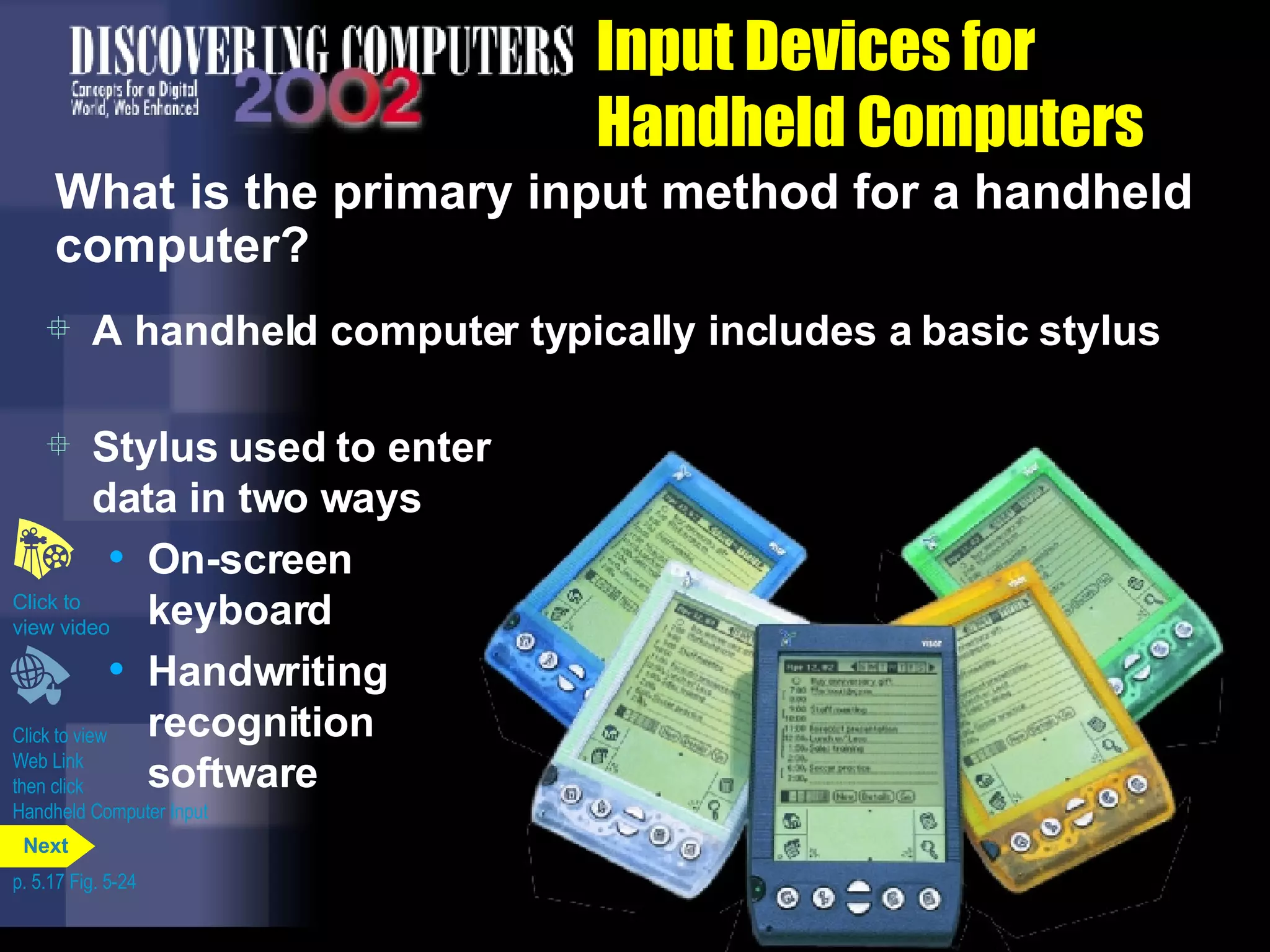 A handheld computer typically includes a basic stylus Input Devices for Handheld Computers What is the primary input method for a handheld computer? Click to view  Web Link then click  Handheld Computer Input Click to  view video Stylus used to enter data in two ways On-screen keyboard Handwriting recognition software p. 5.17 Fig. 5-24 Next 