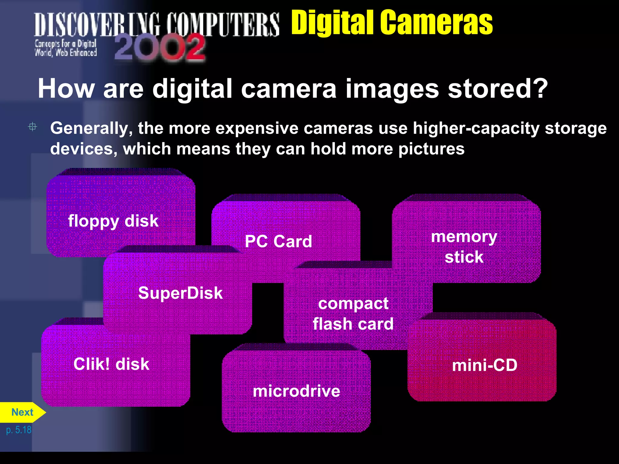 Digital Cameras How are digital camera images stored? Generally, the more expensive cameras use higher-capacity storage devices, which means they can hold more pictures p. 5.18 PC Card floppy disk Clik! disk compact flash card memory stick mini-CD microdrive SuperDisk Next 