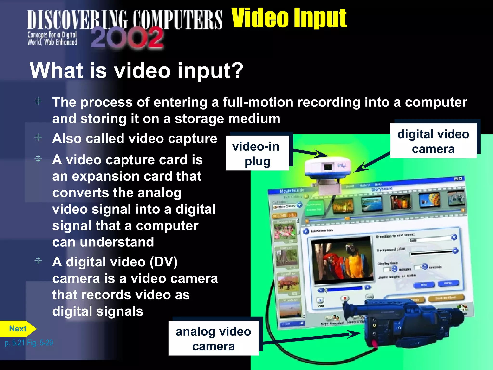 Video Input What is video input? The process of entering a full-motion recording into a computer and storing it on a storage medium Also called video capture A video capture card is an expansion card that converts the analog video signal into a digital signal that a computer can understand A digital video (DV) camera is a video camera that records video as digital signals p. 5.21 Fig. 5-29 analog video camera video-in  plug digital video camera Next 