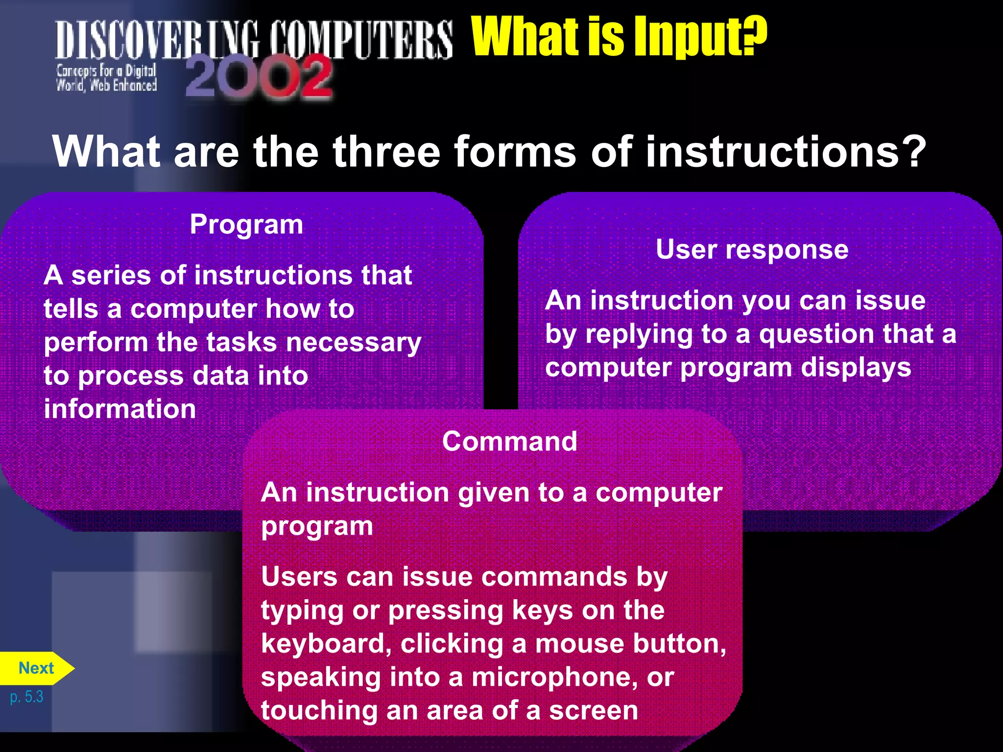 What is Input? What are the three forms of instructions? p. 5.3 Program A series of instructions that tells a computer how to perform the tasks necessary to process data into information User response An instruction you can issue by replying to a question that a computer program displays Command An instruction given to a computer program Users can issue commands by typing or pressing keys on the keyboard, clicking a mouse button, speaking into a microphone, or touching an area of a screen Next 
