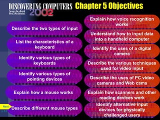Chapter 5 Objectives Explain how voice recognition works Describe the two types of input List the characteristics of a keyboard Identify various types of keyboards Identify various types of pointing devices Understand how to input data into a handheld computer Identify the uses of a digital camera Explain how a mouse works Describe different mouse types Describe the various techniques used for video input Describe the uses of PC video cameras and Web cams Explain how scanners and other reading devices work Identify alternative input devices for physically challenged users p. 5.2 Next 