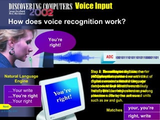 Voice Input How does voice recognition work?  Step 1: User dictates text into microphone. Step 2: An analog-to-digital converter (ADC) translates sound waves into digital measurements the computer can understand. Measurements include pitch, volume, silences, and phenomes. Phenomes are sound units such as aw and guh. Step 3: The software compares the spoken measurements to those in its database to find a match or list of possible matches. Step 4: To narrow a list down, the software presents the user with a list of choices or uses a natural language component to predict the most likely match. The user may correct any wrong selection made by the software. p. 5.15 Fig. 5-22 You’re right! … Your write …You’re right …Your right Natural Language Engine your, you’re right, write Matches Next 