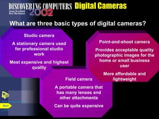 Digital Cameras What are three basic types of digital cameras? Click to view video p. 5.19 Studio camera A stationary camera used for professional studio work Most expensive and highest quality Field camera A portable camera that has many lenses and other attachments Can be quite expensive Point-and-shoot camera Provides acceptable quality photographic images for the home or small business user More affordable and lightweight Next 