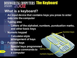 The Keyboard What is a keyboard? An input device that contains keys you press to enter data into the computer Typing area Letters of the alphabet, numbers, punctuation marks, and other basic keys Numeric keypad Calculator-style arrangement of keys Function keys Special keys programmed to issue commands to a computer Click to view  Web Link then click  Keyboards p. 5.4 Fig. 5-3 numeric keypad typing area function keys Next 