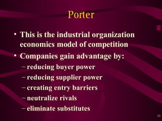Porter This is the industrial organization economics model of competition Companies gain advantage by: reducing buyer power reducing supplier power creating entry barriers neutralize rivals eliminate substitutes 