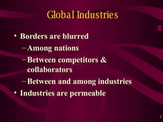 Global Industries Borders are blurred Among nations Between competitors & collaborators Between and among industries Industries are permeable 