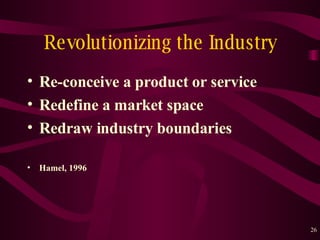 Revolutionizing the Industry Re-conceive a product or service Redefine a market space Redraw industry boundaries Hamel, 1996 