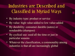 Industries are Described and Classified in Myriad Ways By industry type: product or service By value: high value-added to low value-added By durability: consumer durable (autos) or nondurable (shampoo) By cyclical use: used all the time or just in particular seasons Whatever the classification, a commonality among industries is that all are increasingly global  