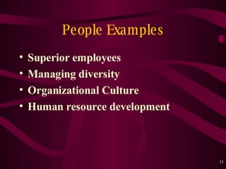 People Examples Superior employees Managing diversity Organizational Culture Human resource development 