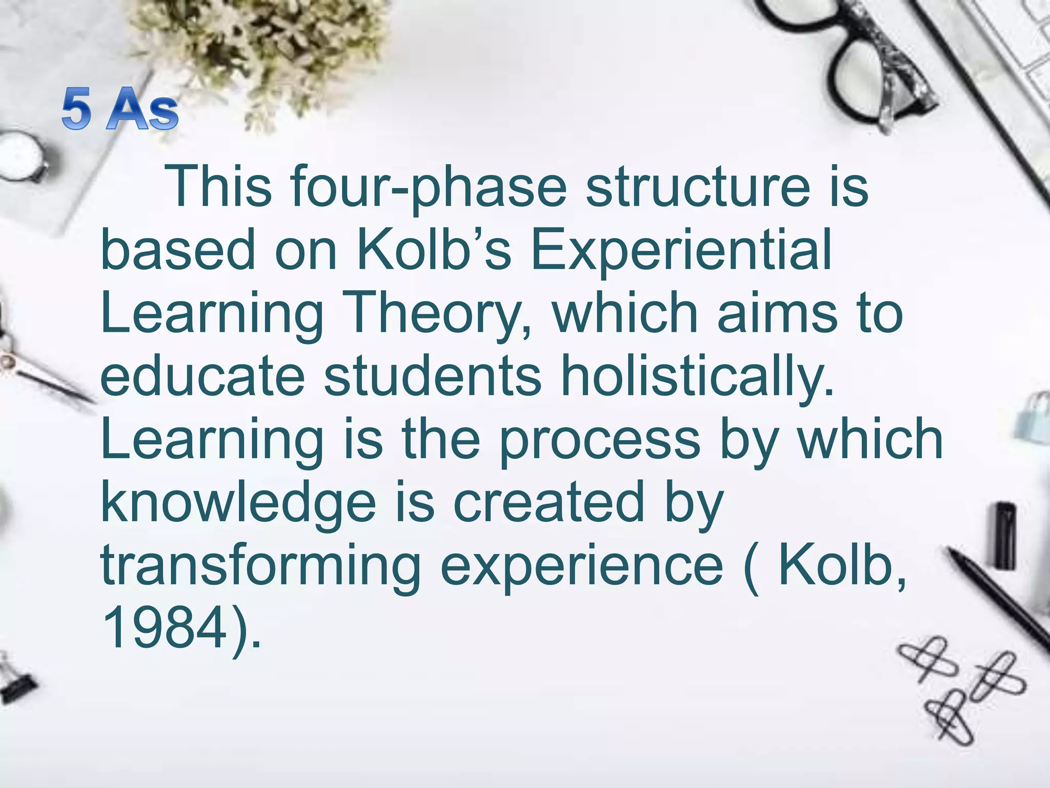 This four-phase structure is
based on Kolb’s Experiential
Learning Theory, which aims to
educate students holistically.
Learning is the process by which
knowledge is created by
transforming experience ( Kolb,
1984).
 