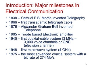 Introduction: Major milestones in
Electrical Communication
• 1838 – Samuel F.B. Morse invented Telegraphy
• 1866 – first transatlantic telegraph cable
• 1876 – Alexander Graham Bell invented
Telephone
• 1905 – Triode based Electronic amplifier
• 1940 – first coaxial-cable system (3 MHz –
3,000 voice channels or ONE
television channel)
• 1948 – first microwave system (4 GHz)
• 1975 – the most advanced coaxial system with a
bit rate of 274 Mb/s
3
 
