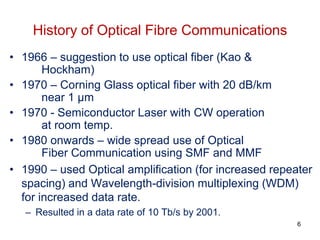 History of Optical Fibre Communications
• 1966 – suggestion to use optical fiber (Kao &
Hockham)
• 1970 – Corning Glass optical fiber with 20 dB/km
near 1 μm
• 1970 - Semiconductor Laser with CW operation
at room temp.
• 1980 onwards – wide spread use of Optical
Fiber Communication using SMF and MMF
• 1990 – used Optical amplification (for increased repeater
spacing) and Wavelength-division multiplexing (WDM)
for increased data rate.
– Resulted in a data rate of 10 Tb/s by 2001.
6
 