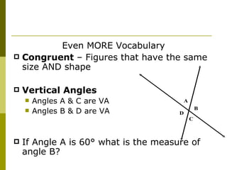 Even MORE Vocabulary Congruent  – Figures that have the same size AND shape Vertical Angles  Angles A & C are VA Angles B & D are VA If Angle A is 60 ° what is the measure of angle B? 
