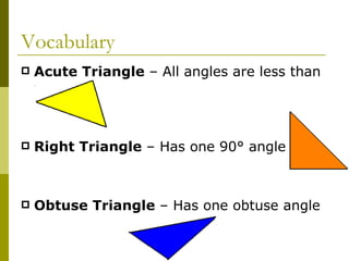 Vocabulary Acute Triangle  – All angles are less than 90° Right Triangle  – Has one 90° angle Obtuse Triangle  – Has one obtuse angle 