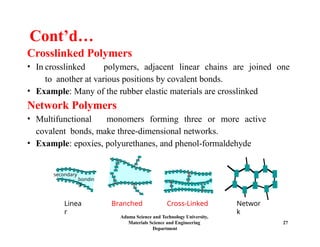 Cont’d…
Crosslinked Polymers
• In crosslinked polymers, adjacent linear chains are joined one
to another at various positions by covalent bonds.
• Example: Many of the rubber elastic materials are crosslinked
Network Polymers
• Multifunctional monomers forming three or more active
covalent bonds, make three-dimensional networks.
• Example: epoxies, polyurethanes, and phenol-formaldehyde
Branched Cross-Linked
Adama Science and Technology University,
Materials Science and Engineering
Department
27
Networ
k
Linea
r
secondary
bondin
g
 