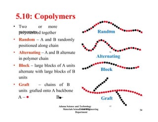 5.10: Copolymers
• Two or more
monomers
polymerized together
• Random – A and B randomly
positioned along chain
• Alternating – A and B alternate
in polymer chain
• Block – large blocks of A units
alternate with large blocks of B
units
Random
Block
Graft
Alternating
• Graft – chains of B
units grafted onto A backbone
A – B –
Technology
University,
Adama Science and
Materials Science and Engineering
Department
34
 