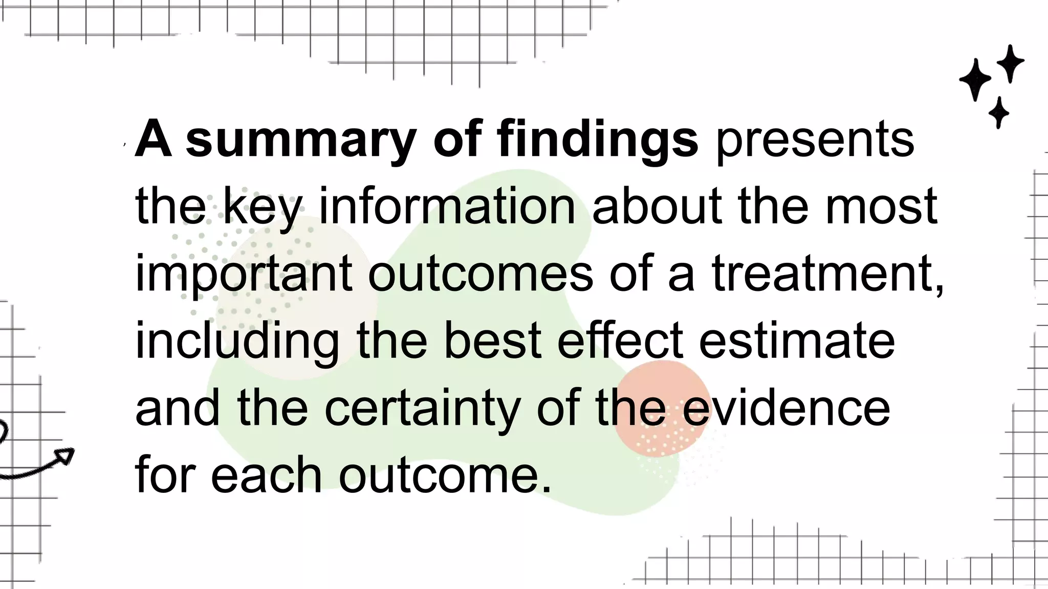 ,
A summary of findings presents
the key information about the most
important outcomes of a treatment,
including the best effect estimate
and the certainty of the evidence
for each outcome.
 